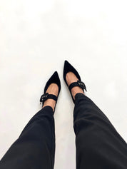 Momoc Sorbonne black velvet midi heel top view black trousers white background | Momoc Shoes