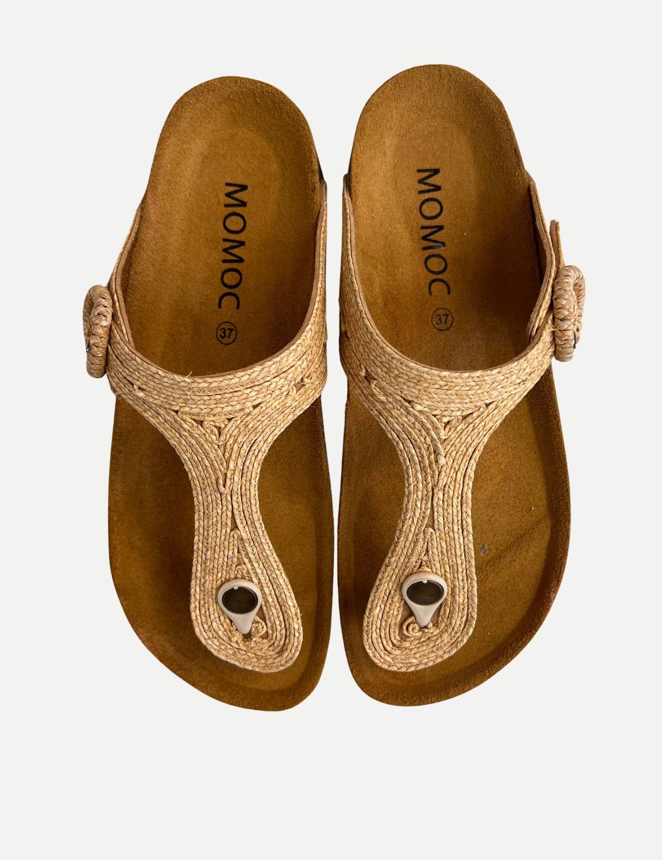 Momoc Altea natural raffia thong sandal pair top view cork platform zero waste Spain | Momoc Shoes