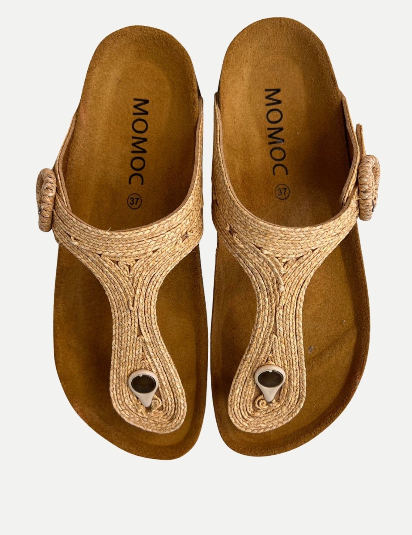 Momoc Altea natural raffia thong sandal pair top view cork platform zero waste Spain | Momoc Shoes