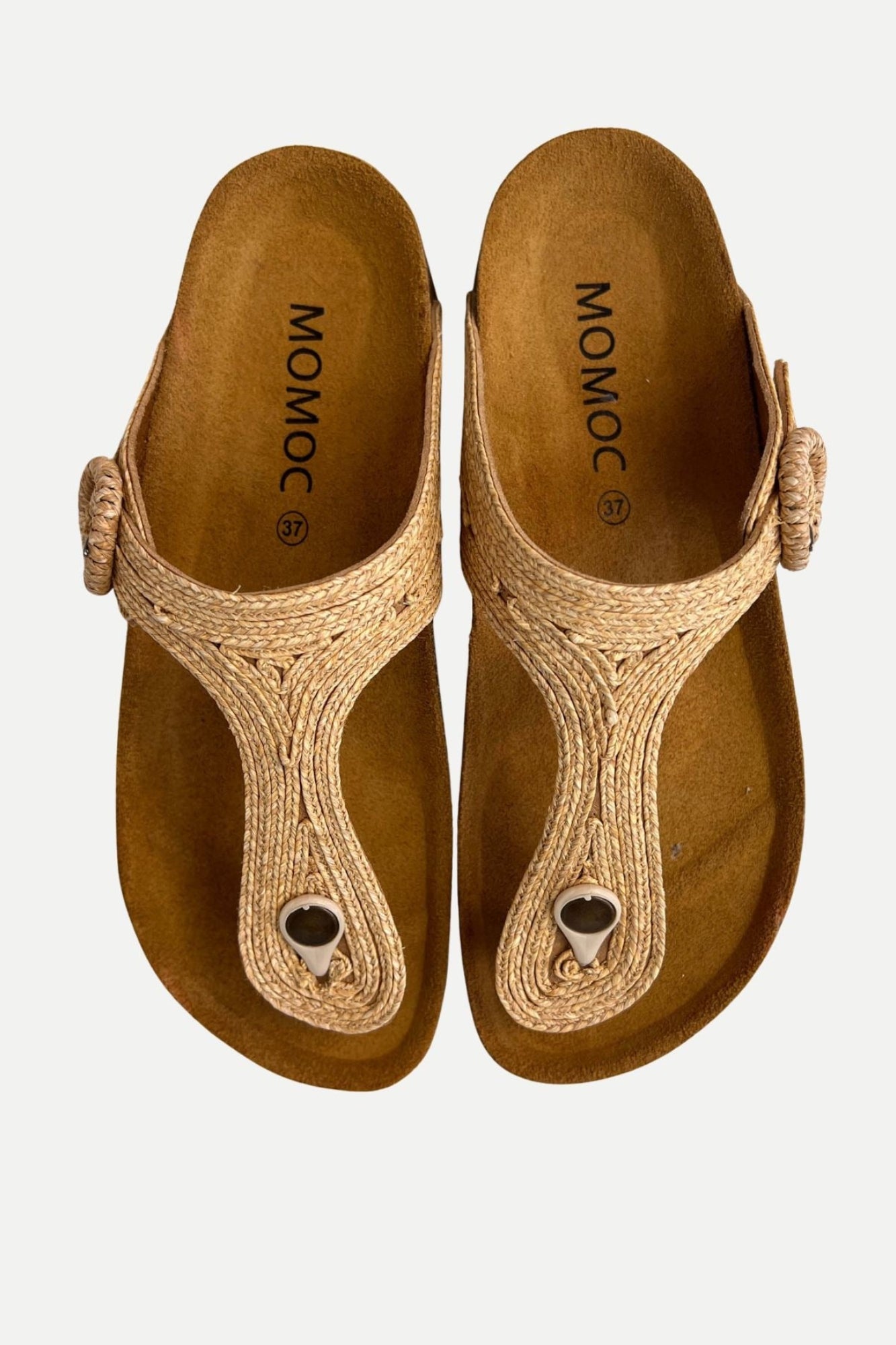 Momoc Altea natural raffia thong sandal pair top view cork platform zero waste Spain | Momoc Shoes