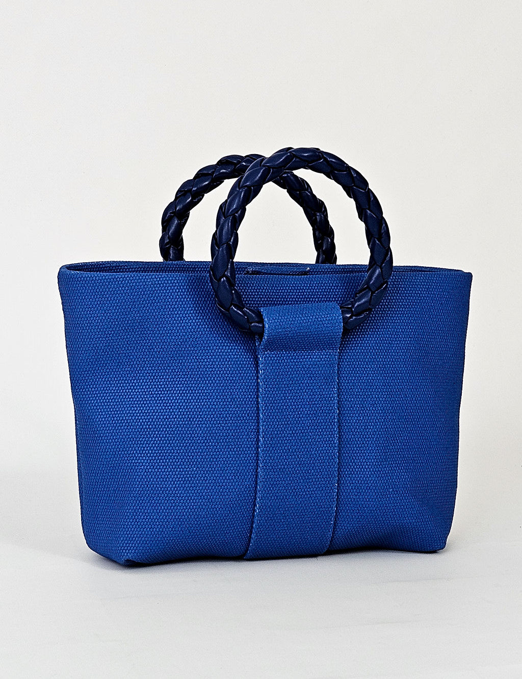 Momoc Tabarca cobalt blue cotton handbag braided handles front view handmade Spain | Momoc Shoes