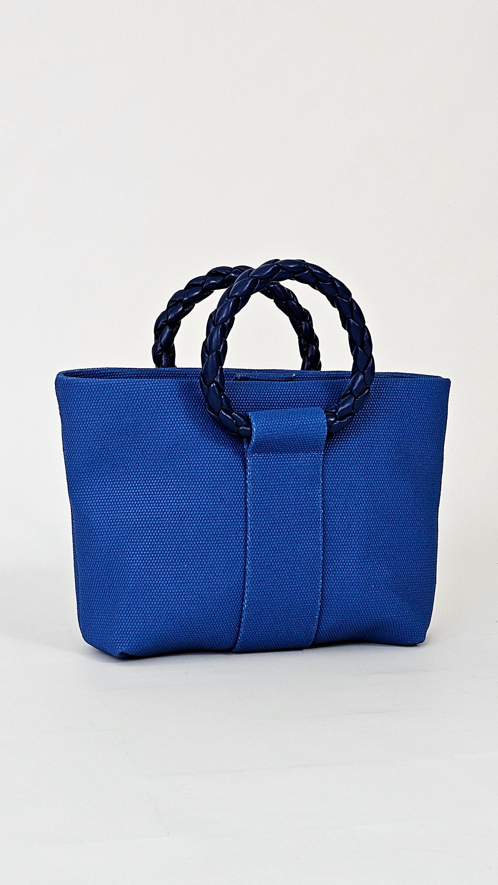 Momoc Tabarca cobalt blue cotton handbag braided handles front view handmade Spain | Momoc Shoes