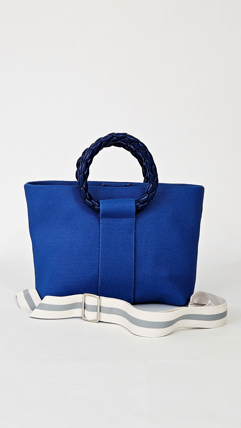 Momoc Tabarca blue handbag side view with long adjustable strap vegan Spain | Momoc Shoes Spain