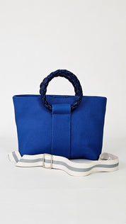Momoc Tabarca blue handbag side view with long adjustable strap vegan Spain | Momoc Shoes Spain