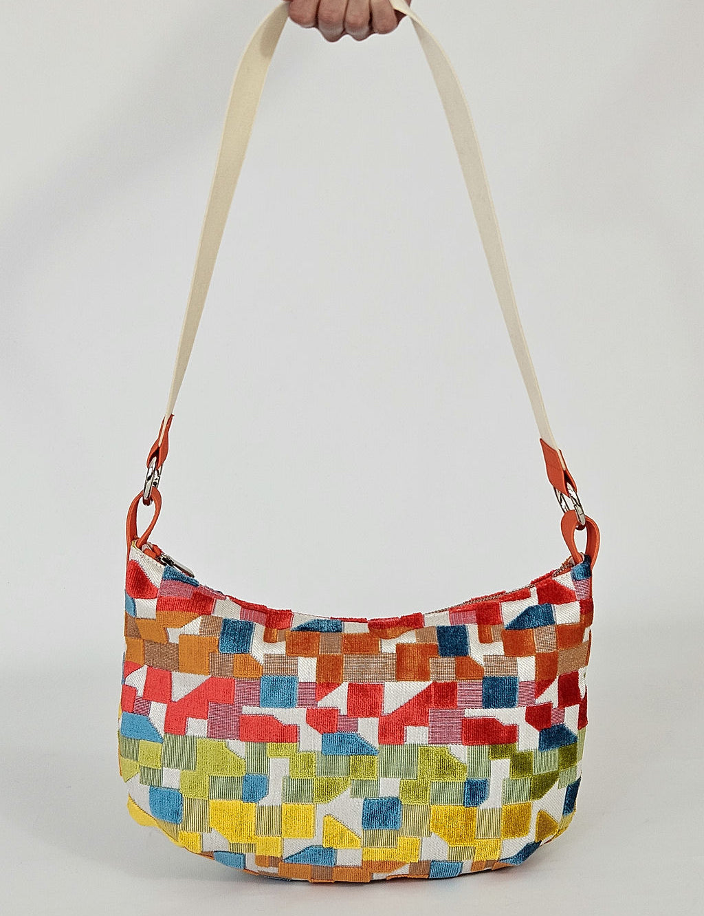 Momoc Frigiliana Mosaic hobo bag colourful mosaic print held by hand handmade Spain | Momoc Shoes