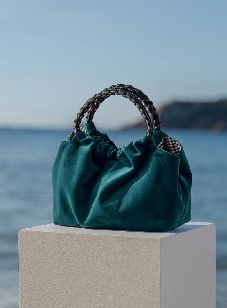 Momoc Lucrecia teal velvet bag black braided handle with ocean view | Momoc Shoes