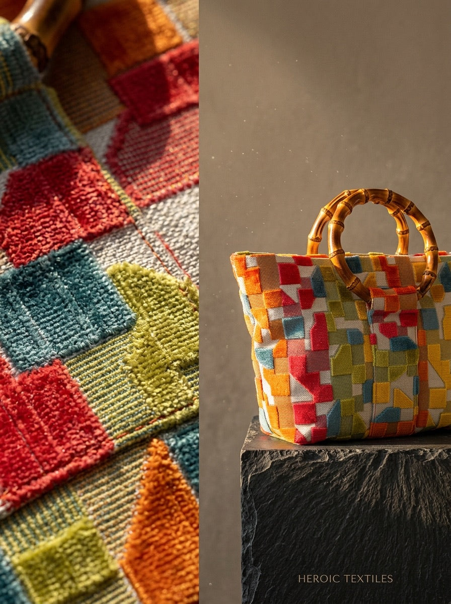 Momoc Frigiliana Mosaic Bamboo bag detail fabric vegan Spain | Momoc Shoes Spain