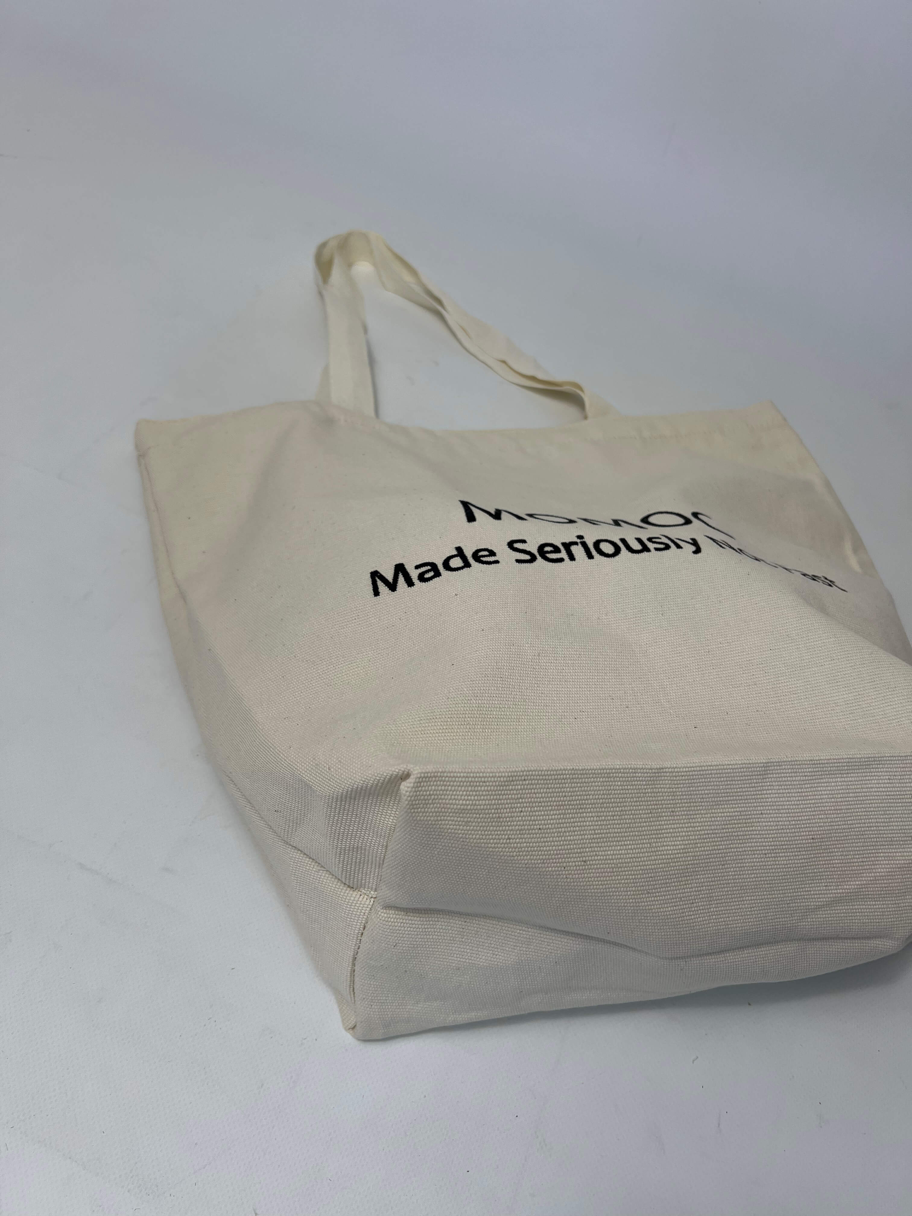 Momoc Seriously Not Fast canvas tote bag side angle view 17cm gusset upcycled cotton Spain | Momoc Shoes Spain