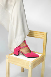 Momoc Bambu Rosa midi heel side view white trousers look pink bamboo sustainable Spain | Momoc Shoes Spain