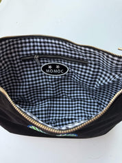 Momoc A Glance Hobo black handbag interior with inside pocket and gingham cotton lining artisan embroidery vegan | Momoc Shoes