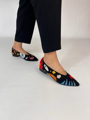 Momoc A New Universe ballet flats worn black trousers front close up embroidery | Momoc Shoes