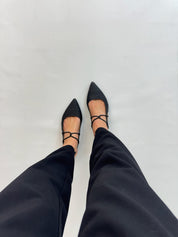 Momoc Menorca black slingback sandals pair side view pointed toe | Momoc Shoes Spain