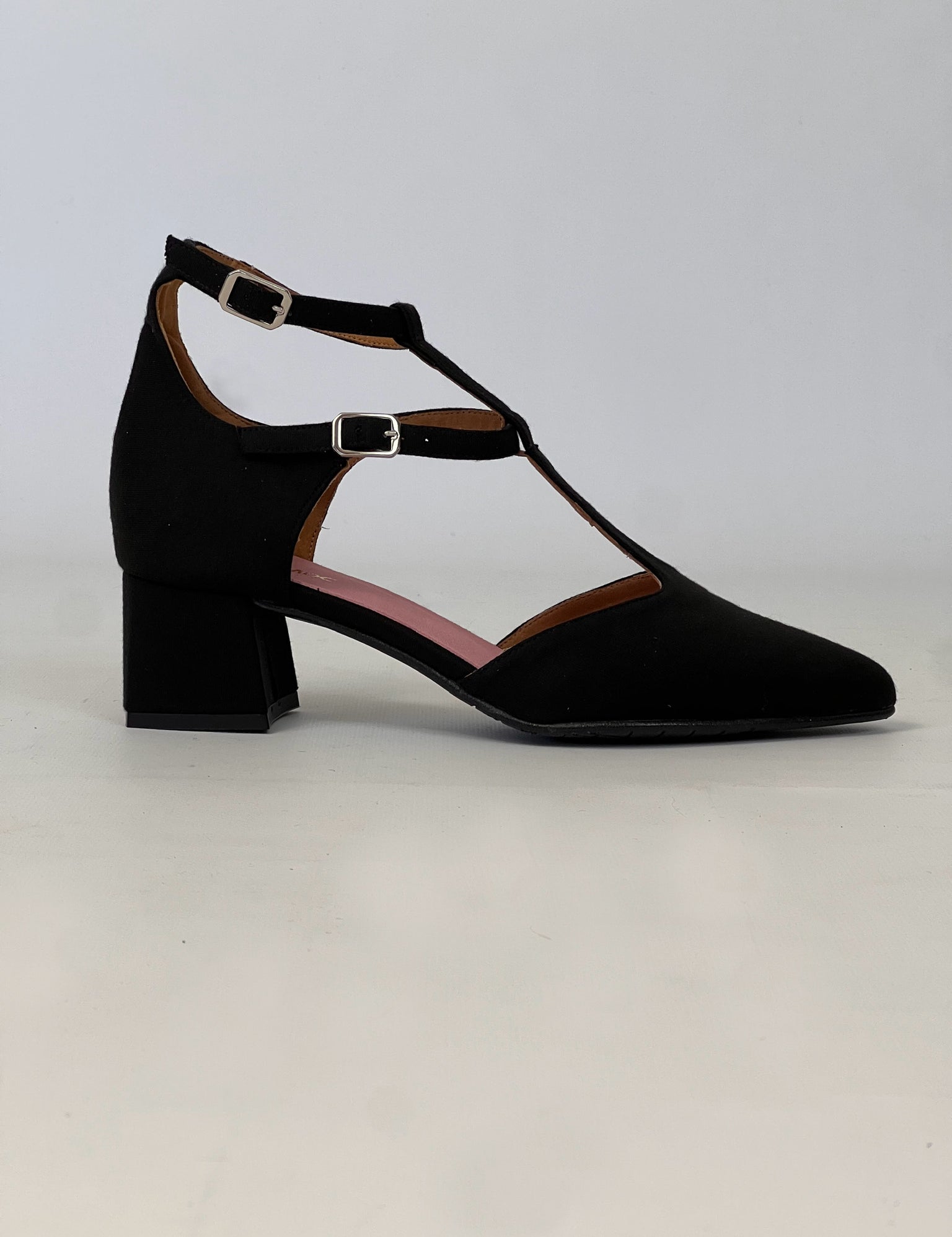 Momoc Bambu Negro black bamboo midi heel side view black | Momoc Shoes Spain