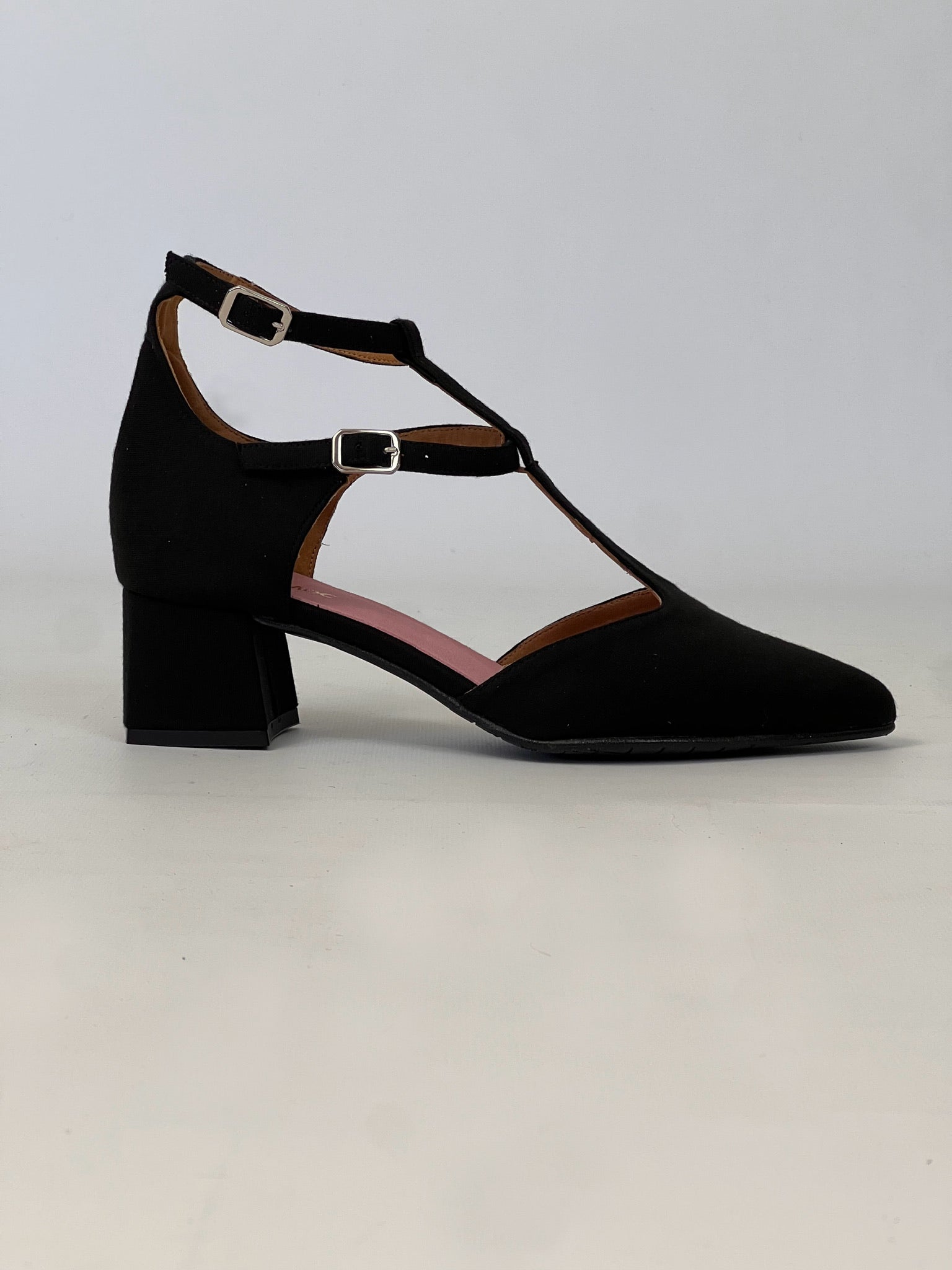 Momoc Bambu Negro black bamboo midi heel side view black | Momoc Shoes Spain