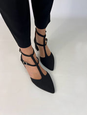 Momoc Bambu Negro black bamboo midi heel worn top view black trousers sustainable Spain | Momoc Shoes