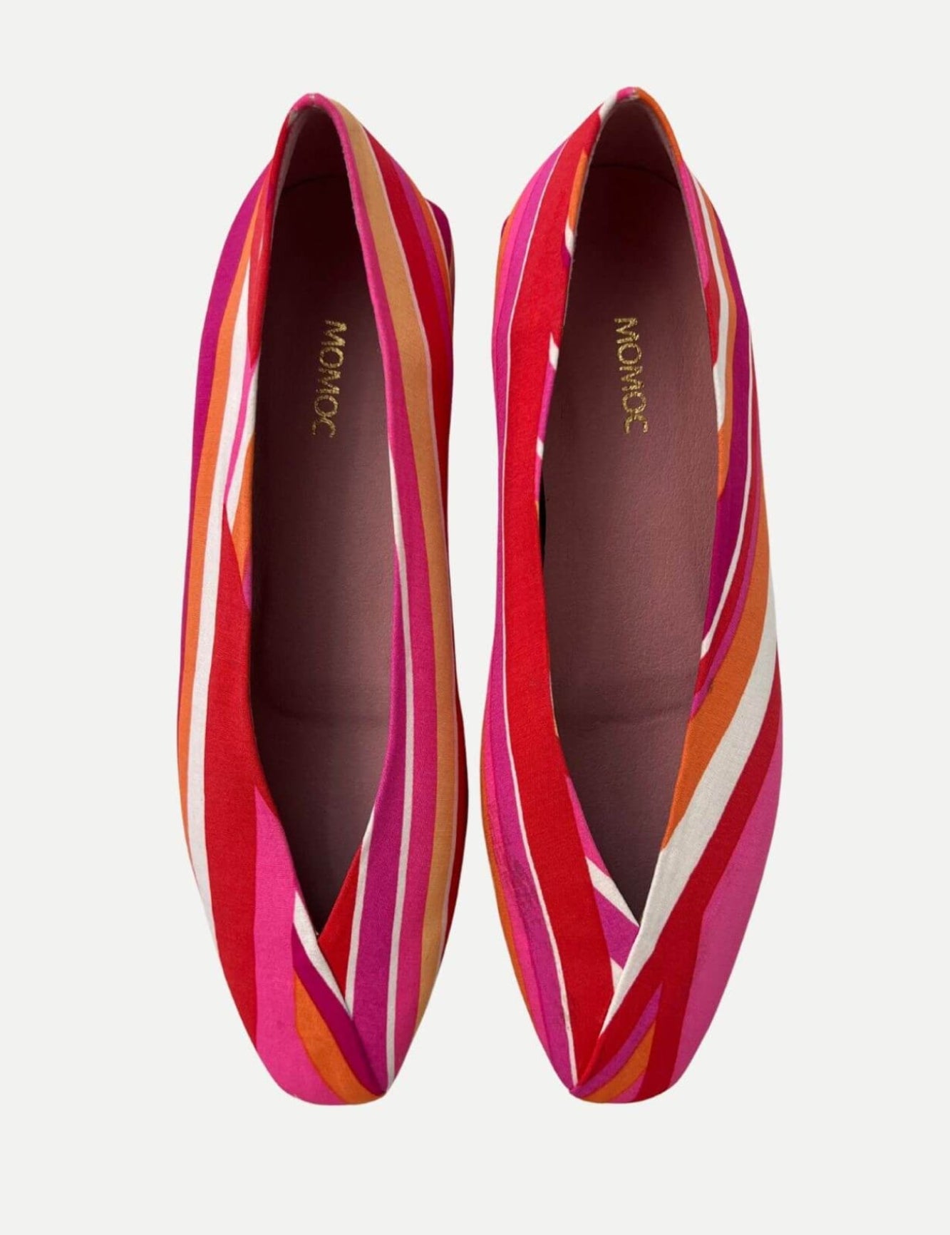Momoc Gallarate multicolor striped ballet flat pair top view pink orange white diagonal stripes | Momoc Shoes