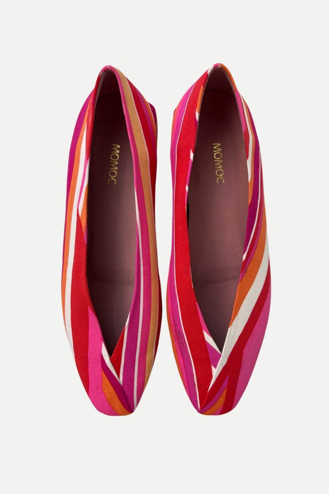 Momoc Gallarate multicolor striped ballet flat pair top view pink orange white diagonal stripes | Momoc Shoes