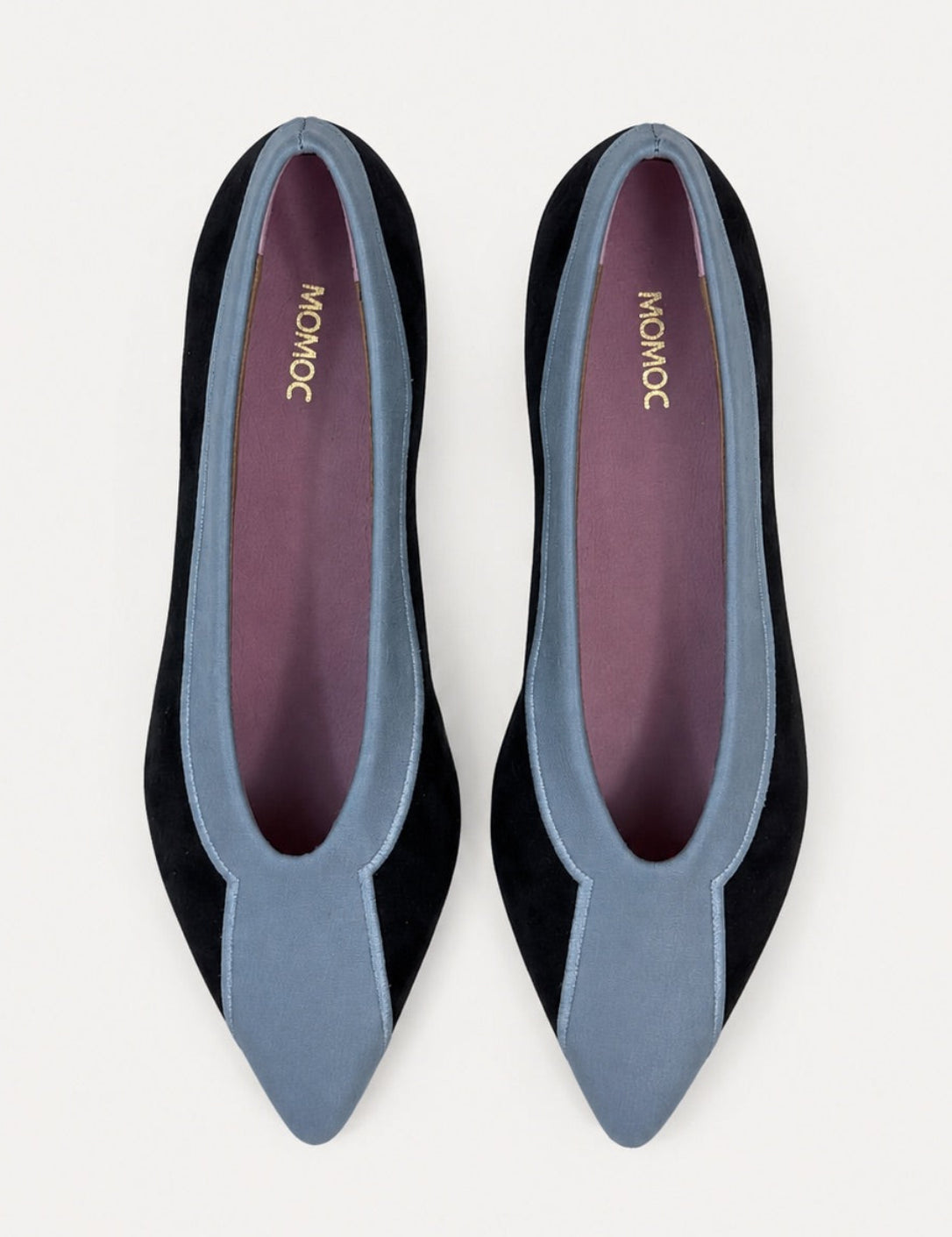 Momoc Coral Reef Blue black cotton velvet ballet flats top view sky blue contour seaweed embroidery Leticia Credidio Spain | Momoc Shoes