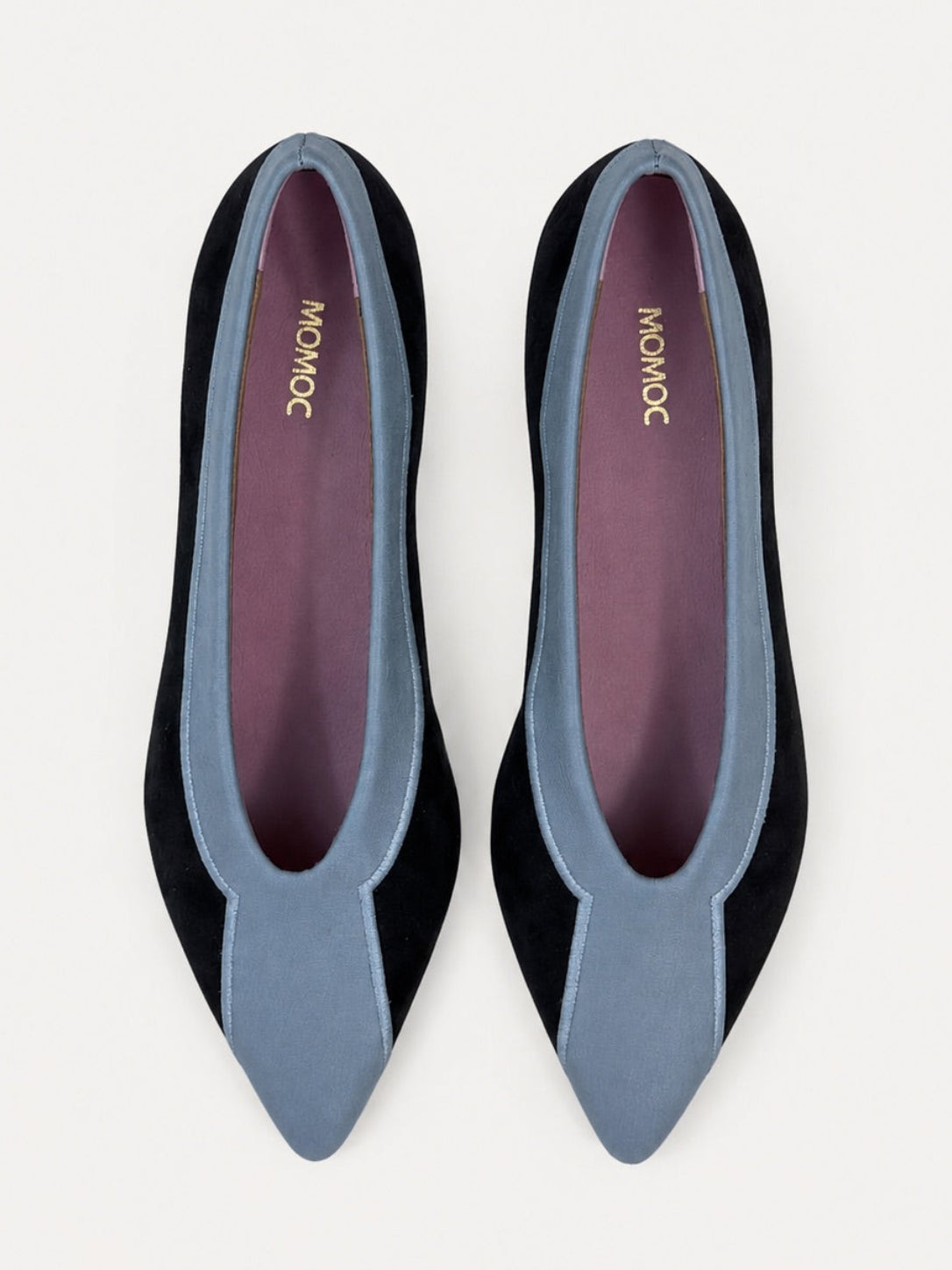 Momoc Coral Reef Blue black cotton velvet ballet flats top view sky blue contour seaweed embroidery Leticia Credidio Spain | Momoc Shoes