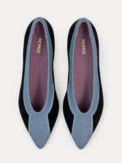 Momoc Coral Reef Blue black cotton velvet ballet flats top view sky blue contour seaweed embroidery Leticia Credidio Spain | Momoc Shoes