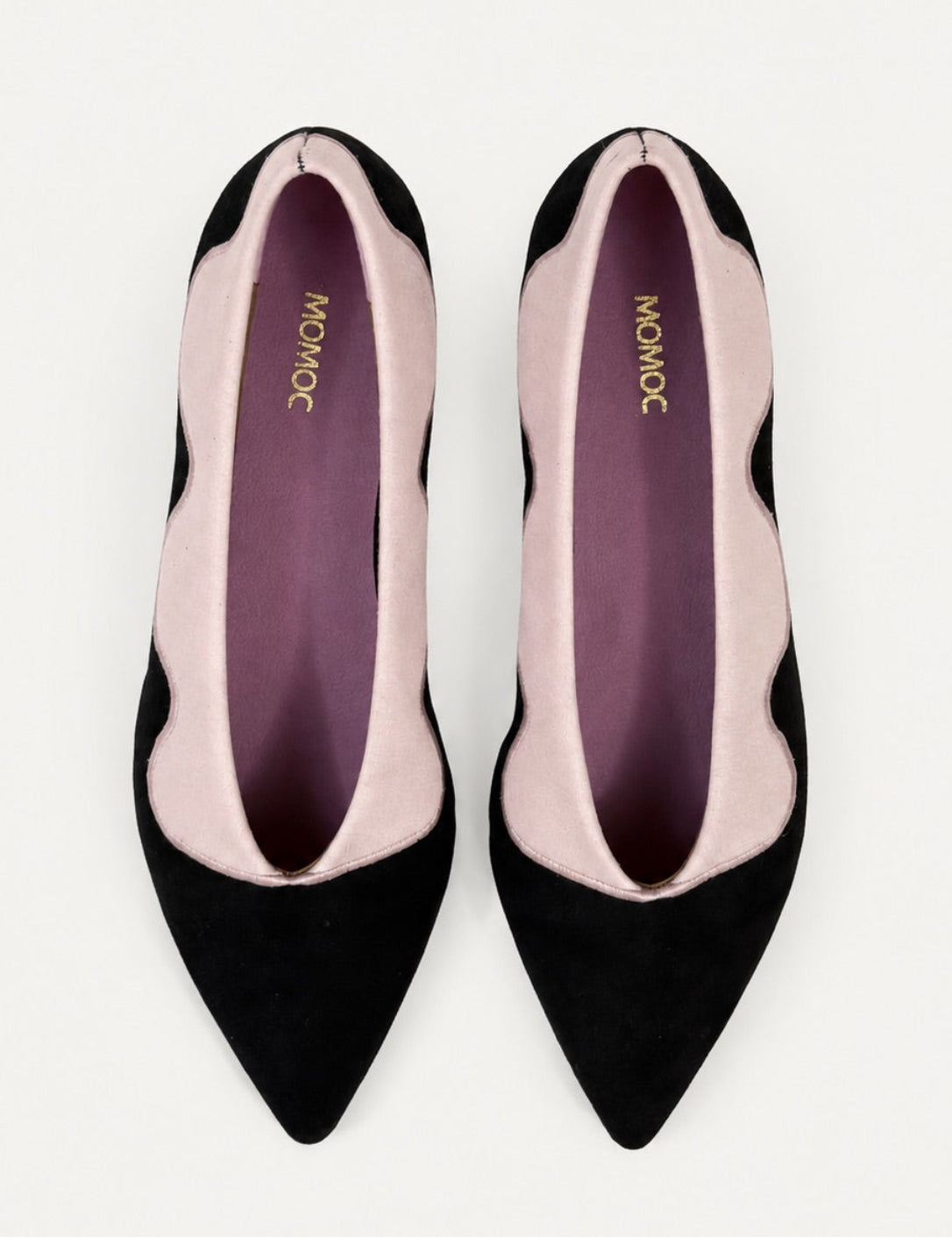 Momoc Sea Breeze black cotton velvet ballet flats top view pale pink scalloped seaweed embroidery Leticia Credidio Spain | Momoc Shoes