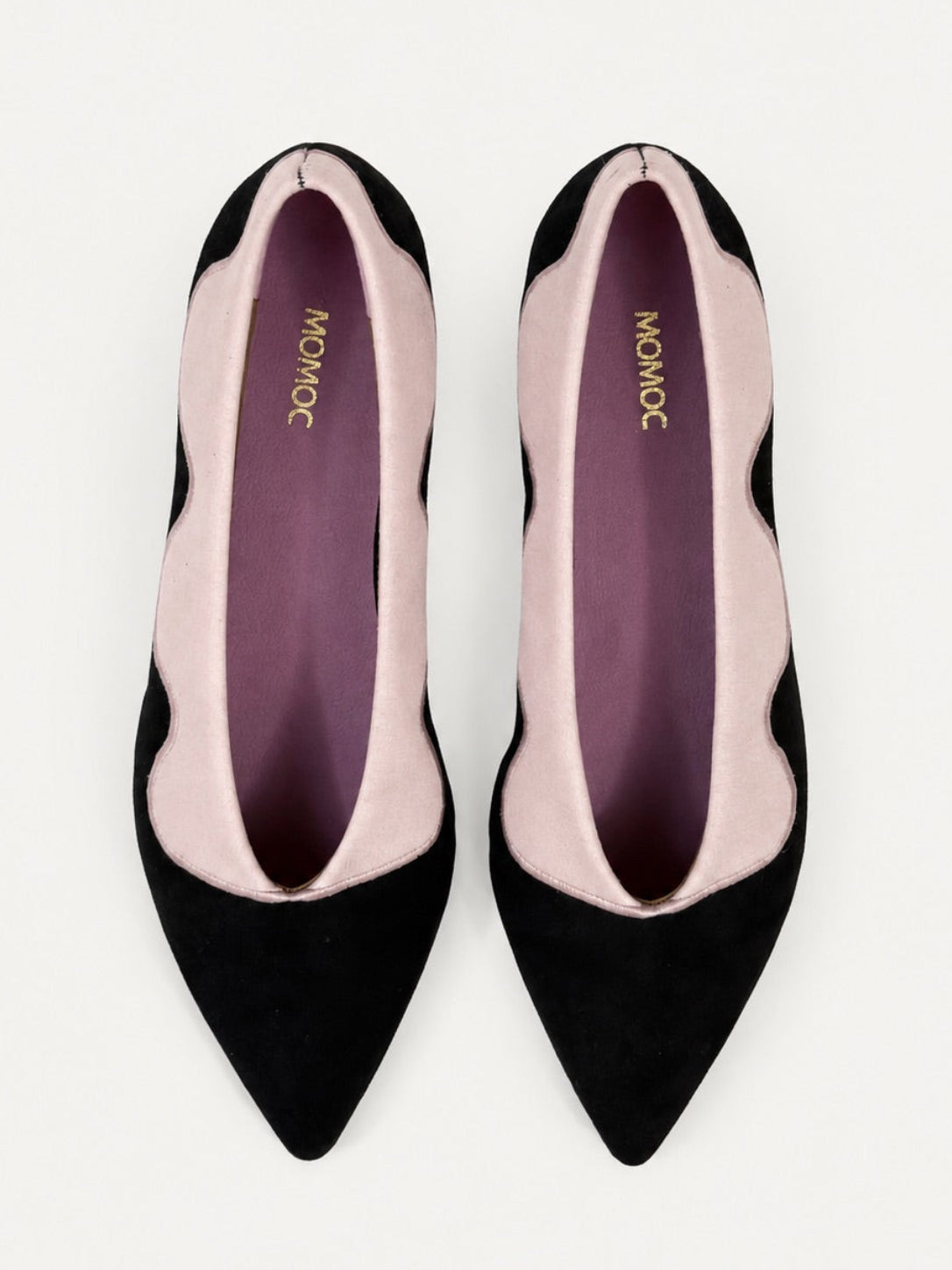 Momoc Sea Breeze black cotton velvet ballet flats top view pale pink scalloped seaweed embroidery Leticia Credidio Spain | Momoc Shoes