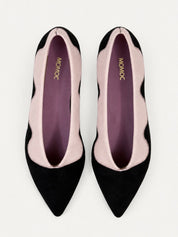 Momoc Sea Breeze black cotton velvet ballet flats top view pale pink scalloped seaweed embroidery Leticia Credidio Spain | Momoc Shoes