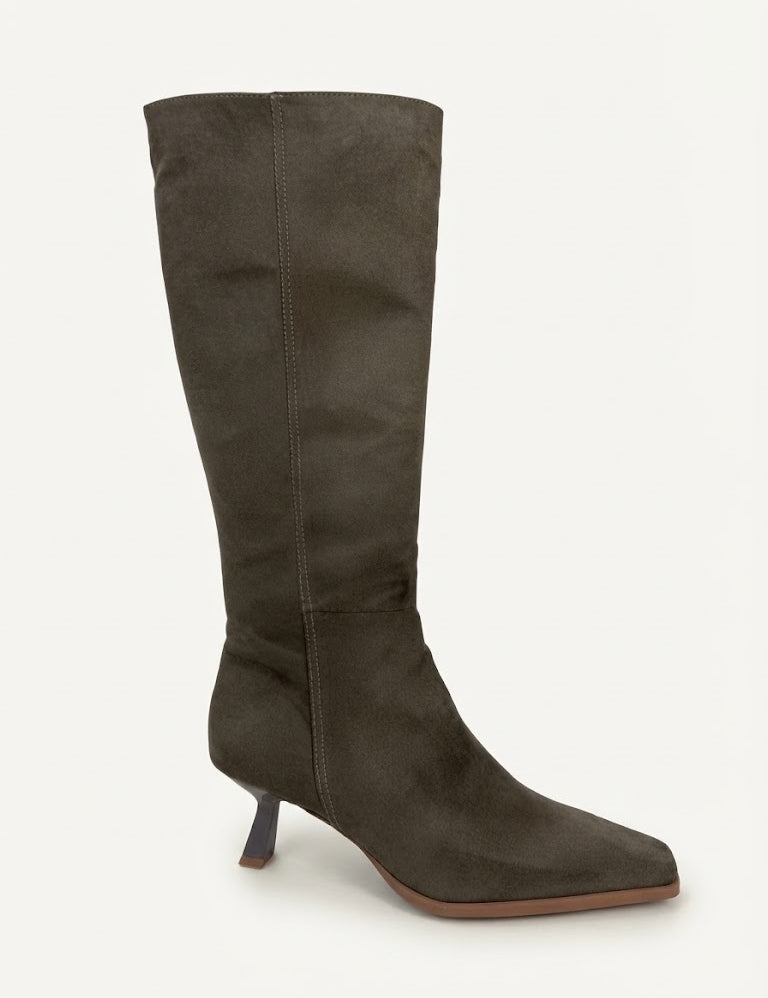 Momoc Avila taupe tall boots side view vegan ultrasuede metal brown heel semi-square toe handmade Portugal | Momoc Shoes