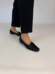 Black Braided Ballet Flats worn jeans front view | Momoc Shoes Spain