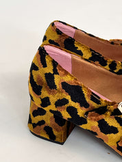 Momoc Bardot leopard midi heel close up velvet texture powder pink insole silver buckle detail | Momoc Shoes