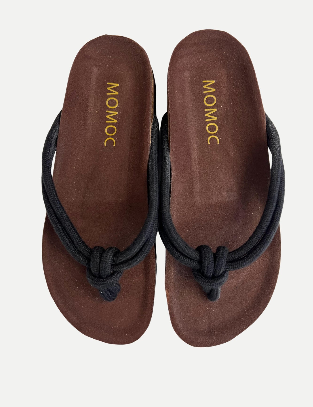 Momoc Javea black cotton rope thong sandal pair top view cork platform handmade Spain | Momoc Shoes