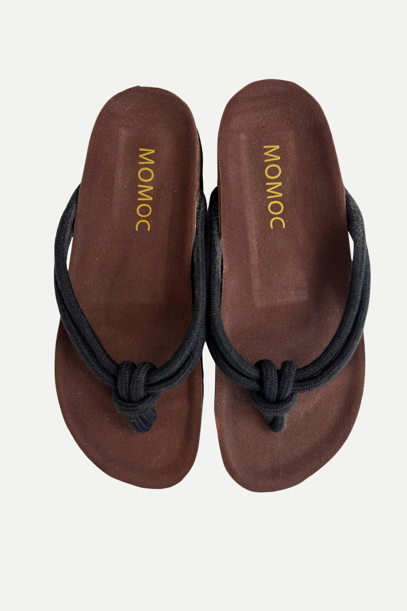 Momoc Javea black cotton rope thong sandal pair top view cork platform handmade Spain | Momoc Shoes