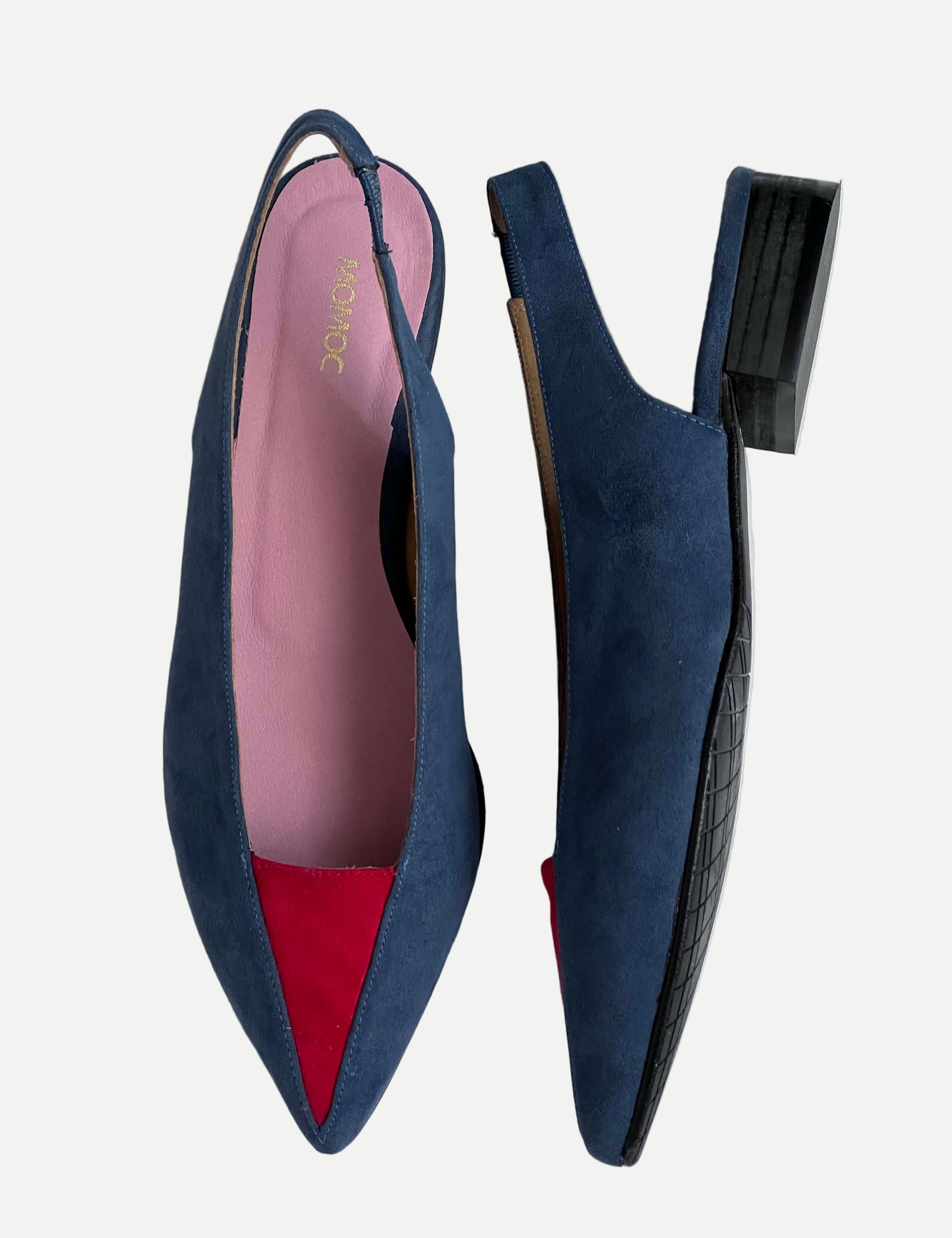 Momoc Luna backless sandals pair top view petrol blue red toe pink insole stone background | Momoc Shoes Spain