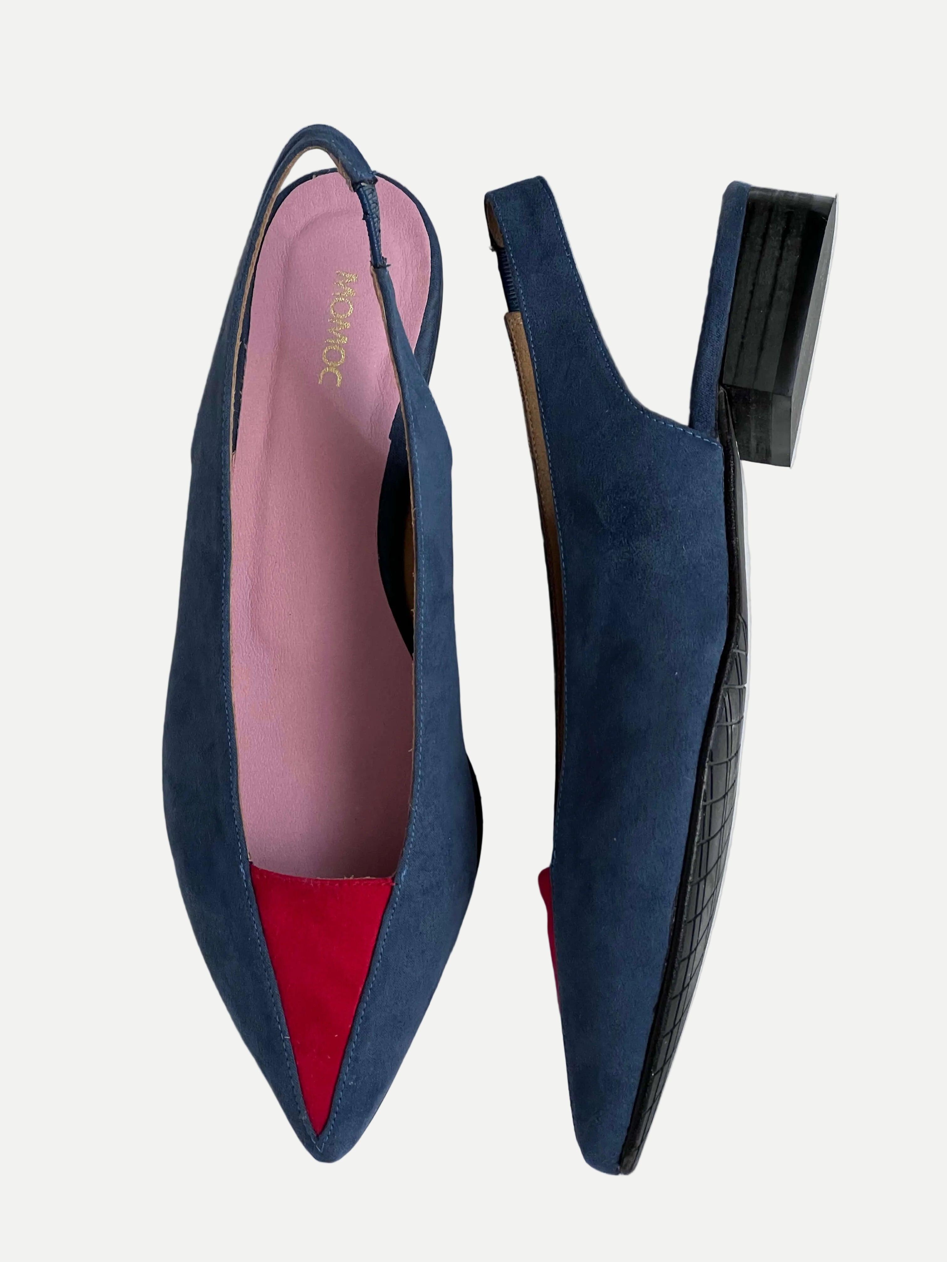 Momoc Luna backless sandals pair top view petrol blue red toe pink insole stone background | Momoc Shoes Spain