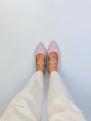 Momoc Menorca pink sandals worn crossed feet top view white trousers pointed toe vegan Spain | Momoc Shoes Spain