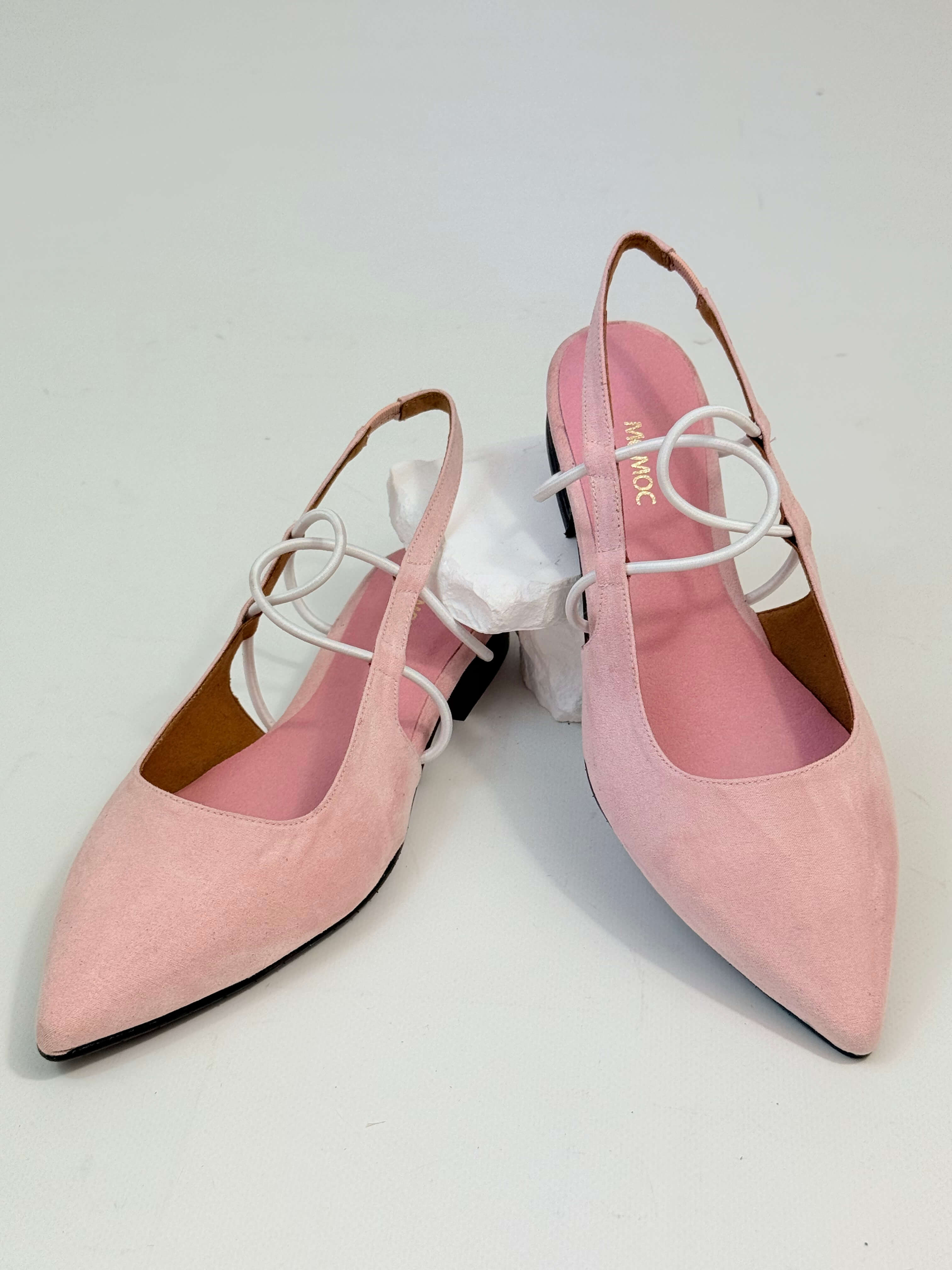 Momoc Menorca pale pink slingback sandals pair styled white elastic laces recycled ultrasuede | Momoc Shoes