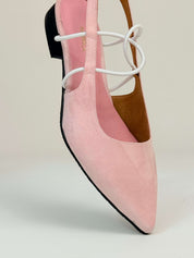 Momoc Menorca pale pink slingback sandal side profile pointed toe white elastic detail sustainable | Momoc Shoes