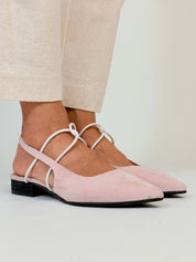Momoc Menorca pink pastel slingback sandals worn side view cream trousers white elastic laces handmade Spain | Momoc Shoes
