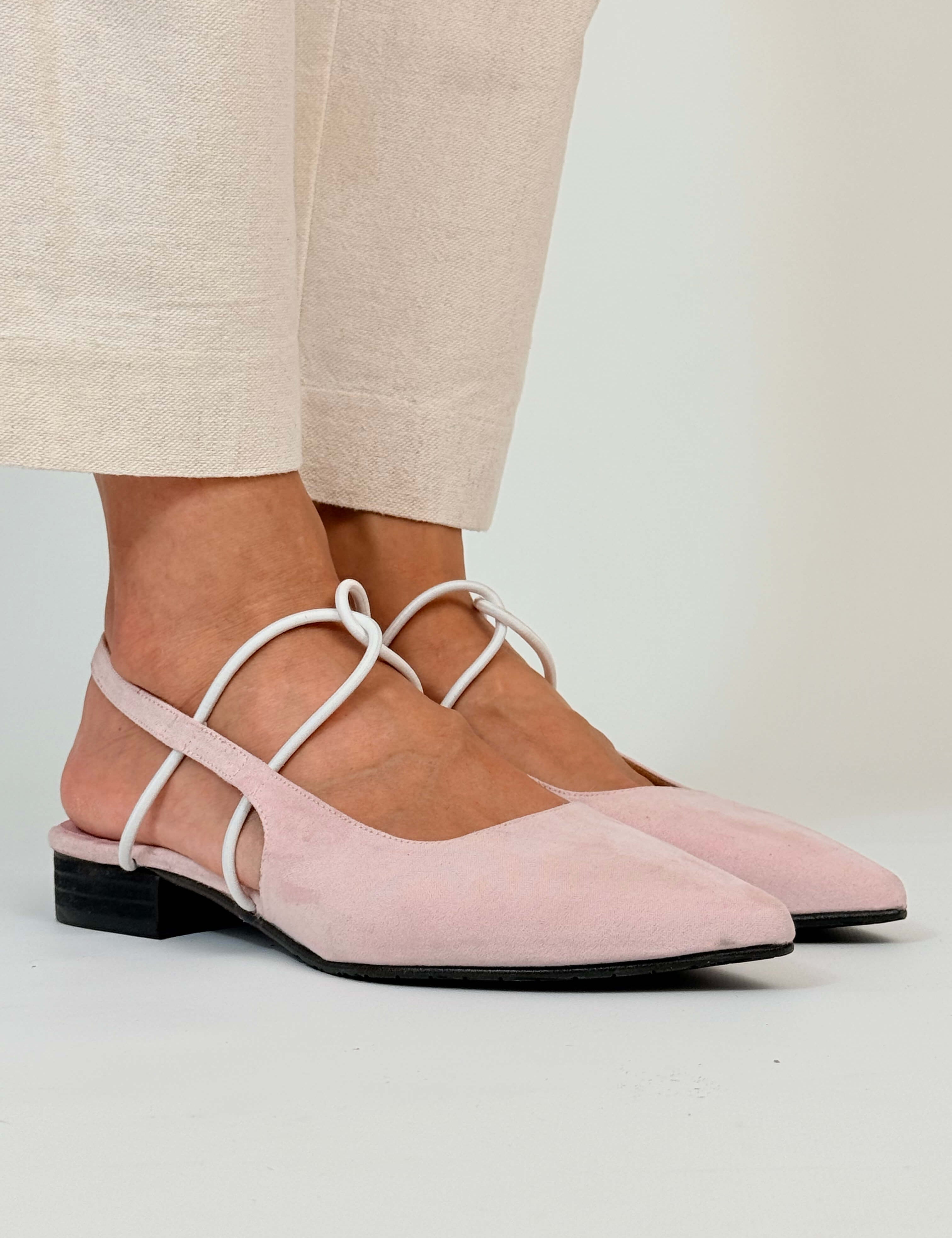 Momoc Menorca pink pastel slingback sandals worn side view cream trousers white elastic laces handmade Spain | Momoc Shoes