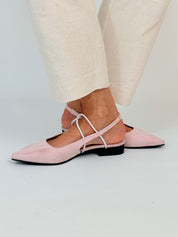Momoc Menorca pink sandals worn front view cream trousers pointed toe artisan detail Spain | Momoc Shoes Spain