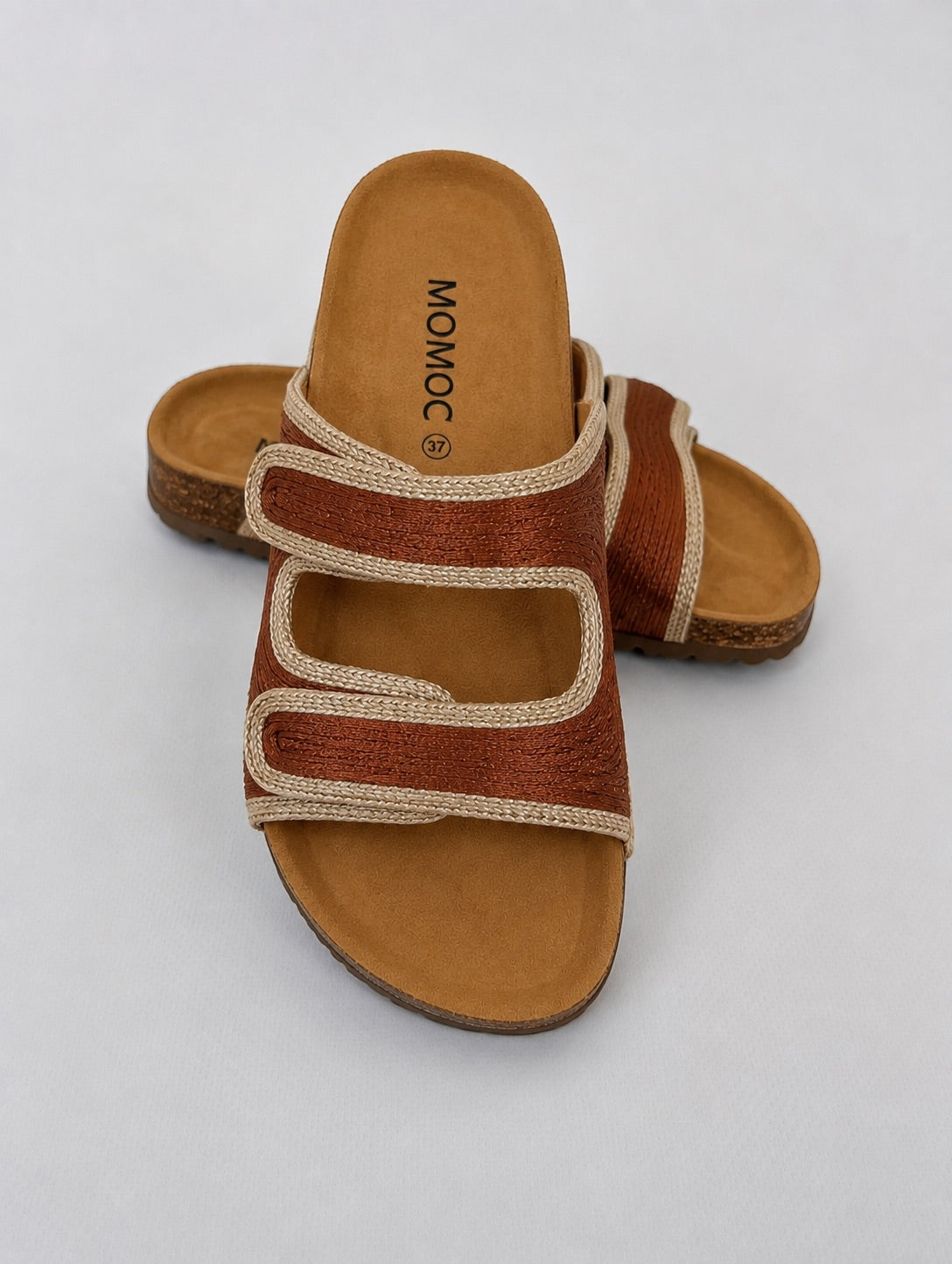 Momoc Biar terracotta cord sandals side angle view cork latex platform natural jute Spain | Momoc Shoes Spain