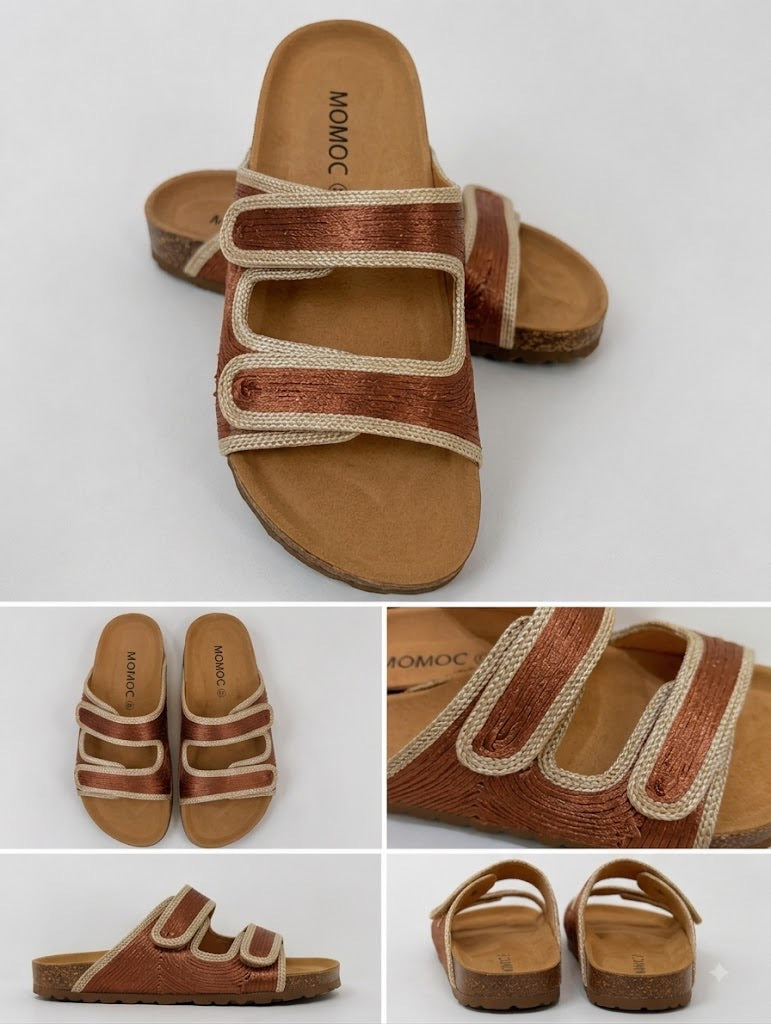 Momoc Biar terracotta braided sandals styled multiple angles jute edging detail vegan handmade | Momoc Shoes