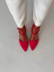 Momoc Bambu Rosa midi heel worn top view white trousers pink bamboo fabric | Momoc Shoes