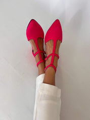 Momoc Bambu Rosa midi heel pair top view pink bamboo fabric straps detail | Momoc Shoes