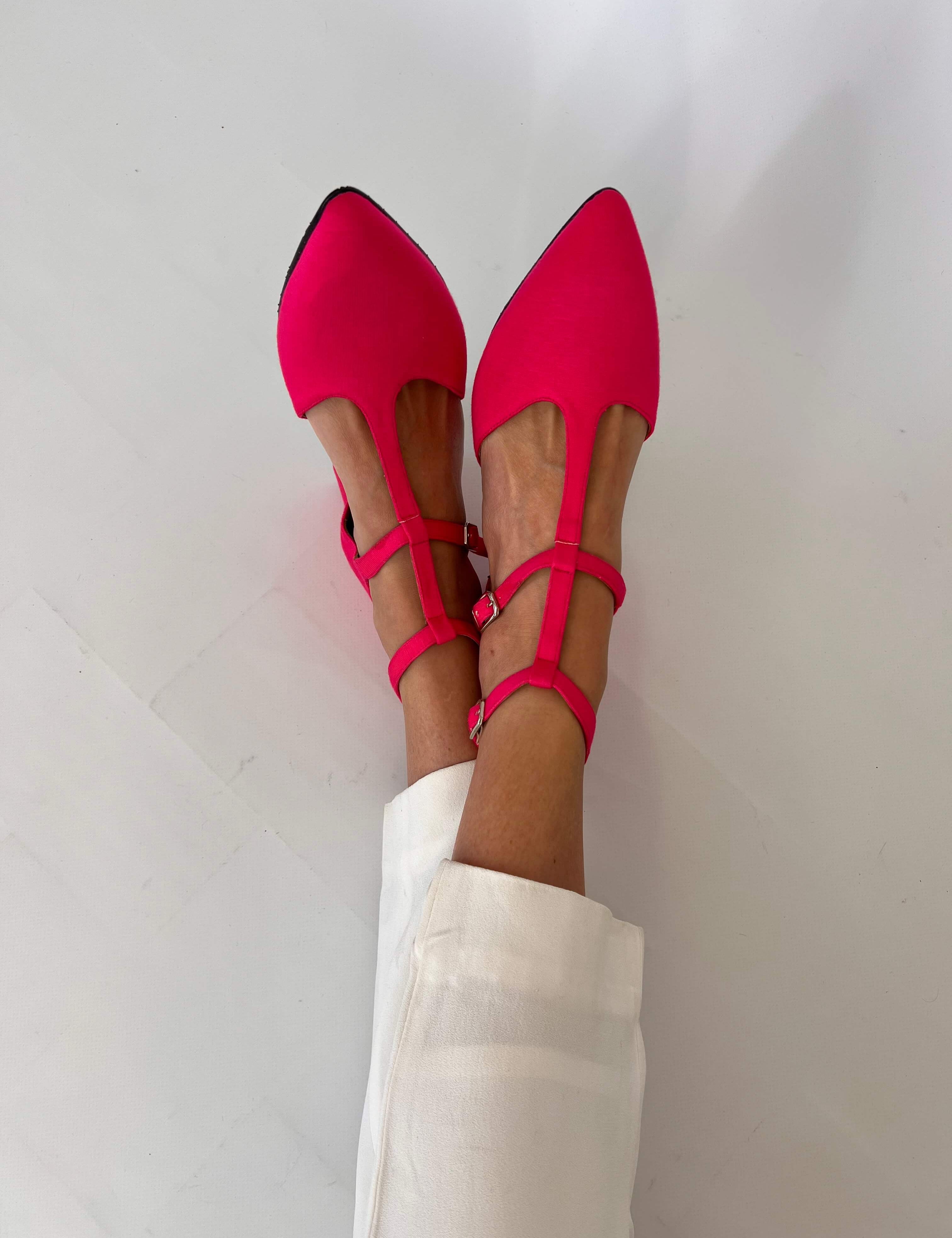 Momoc Bambu Rosa midi heel pair top view pink bamboo fabric straps detail | Momoc Shoes