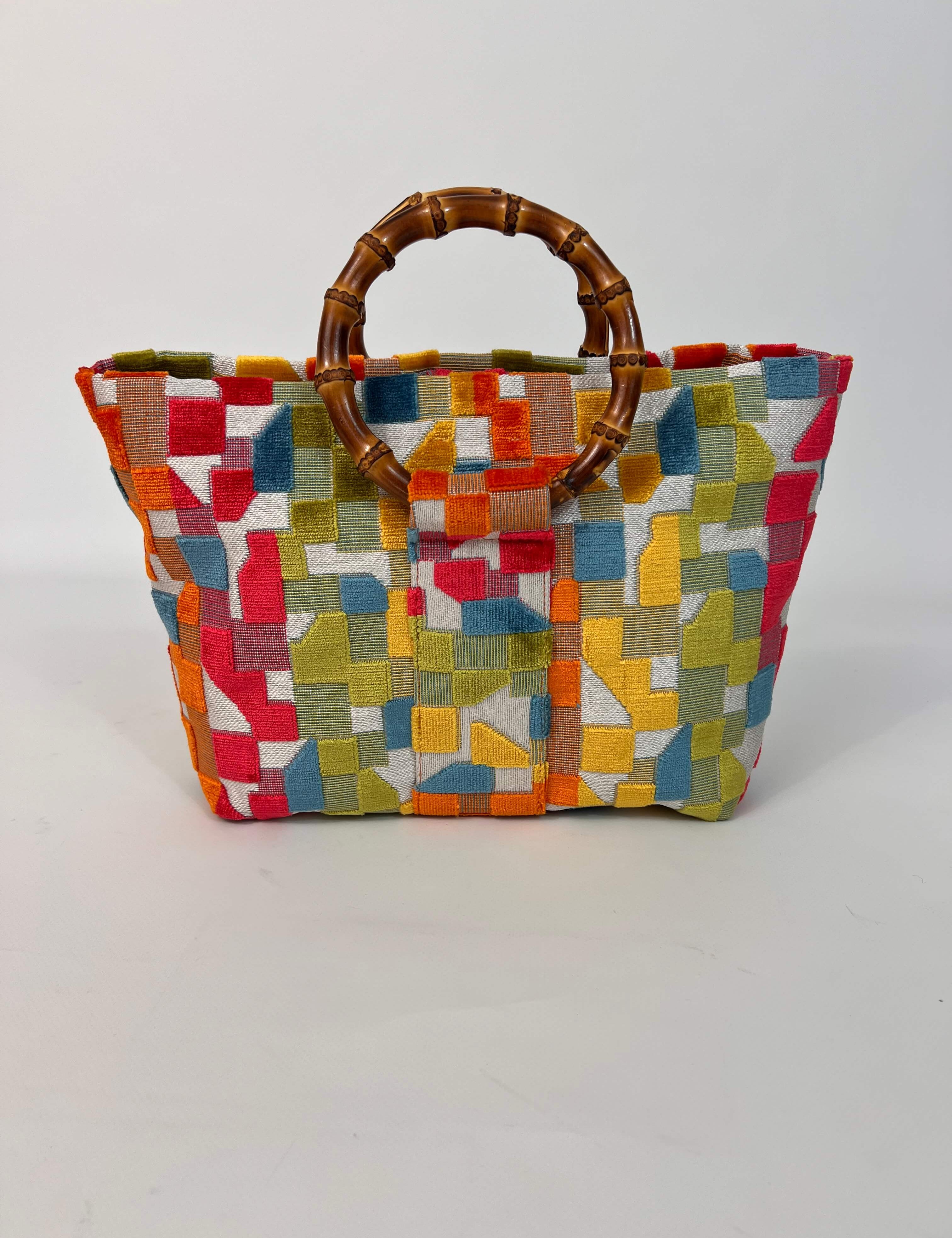 Momoc Frigiliana Mosaic Bamboo bag front view colourful mosaic print natural bamboo handles | Momoc Shoes