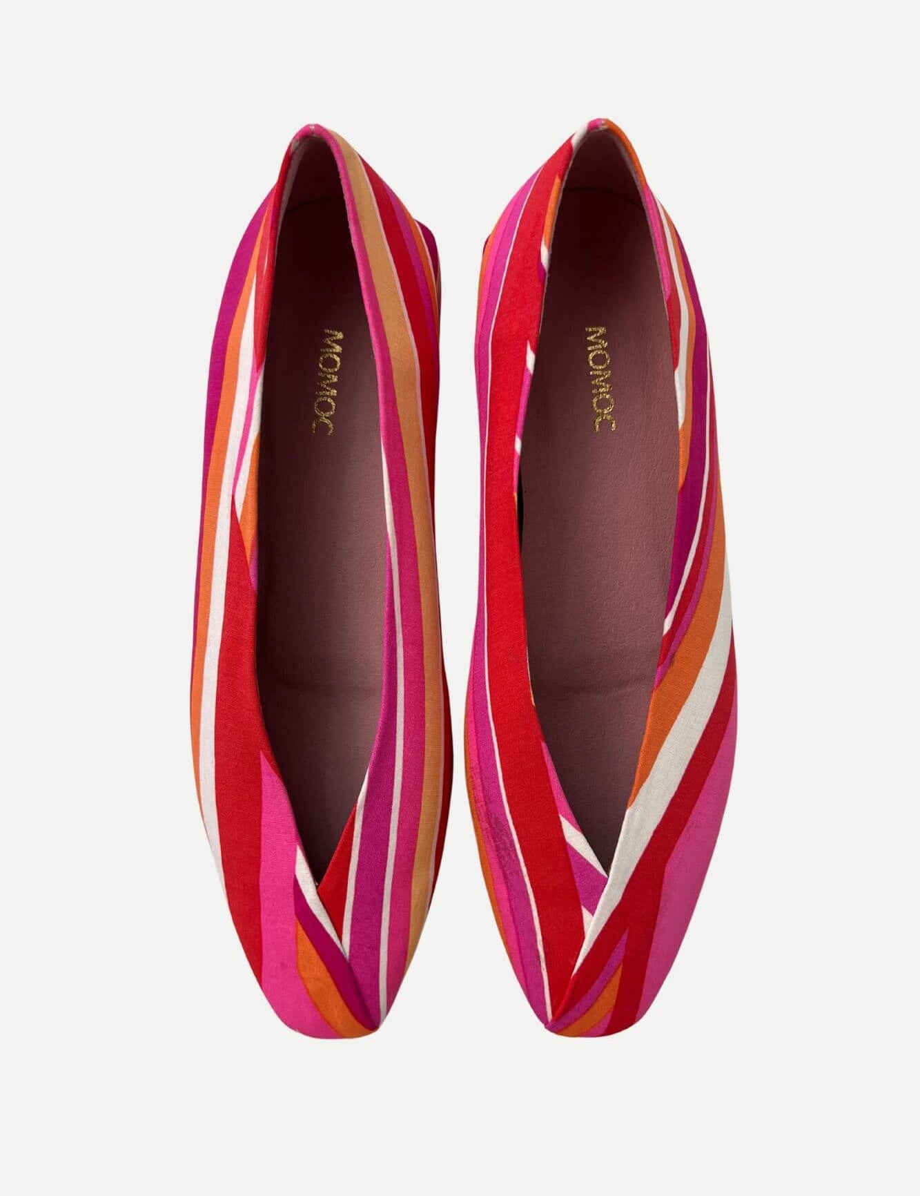 Momoc Gallarate multicolor striped ballet flat pair top view pink orange white diagonal stripes | Momoc Shoes