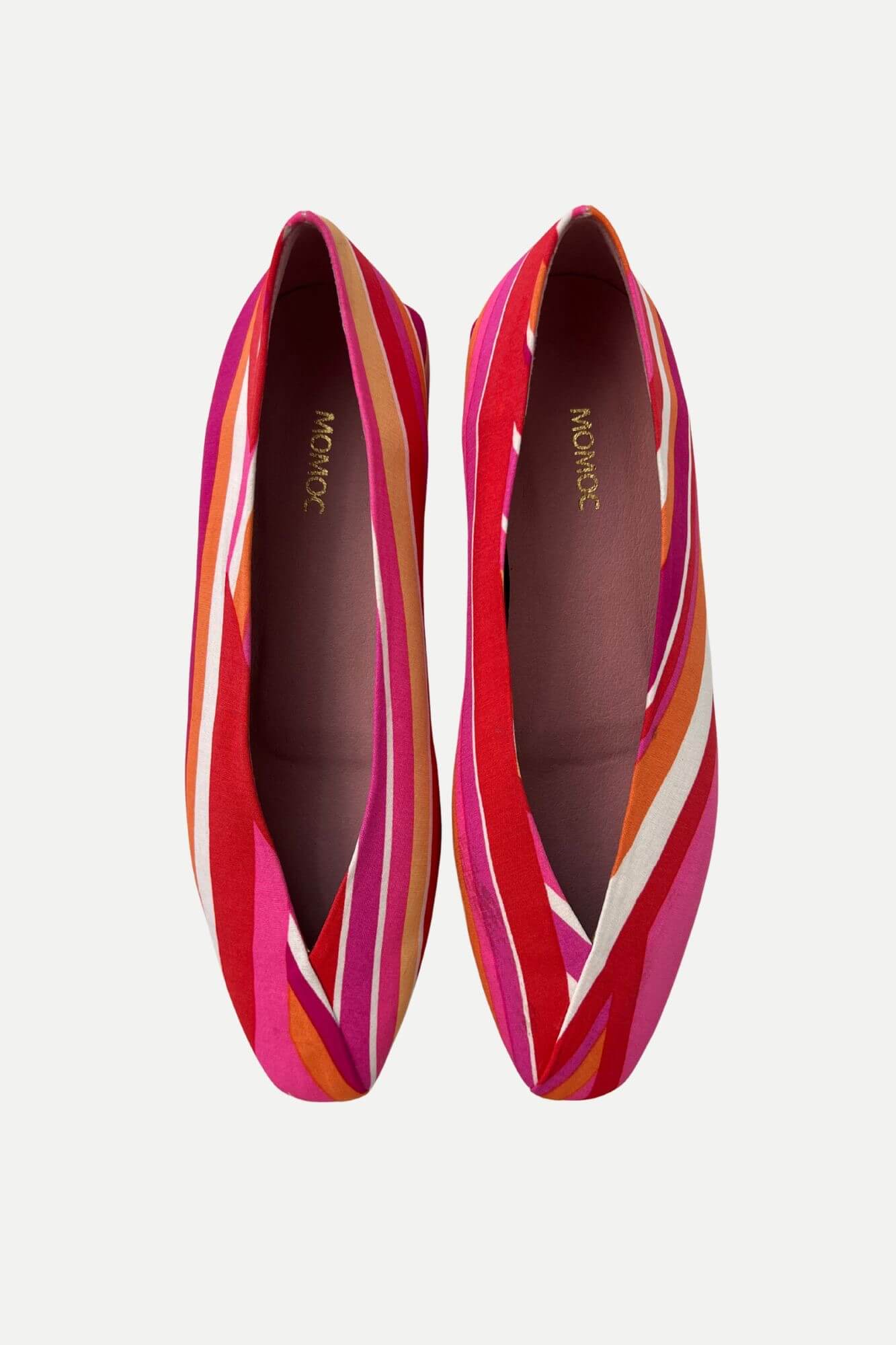 Momoc Gallarate multicolor striped ballet flat pair top view pink orange white diagonal stripes | Momoc Shoes