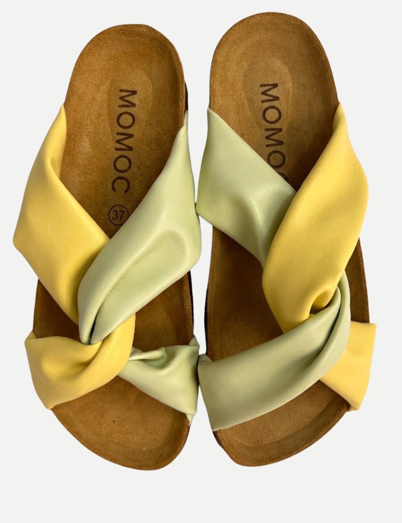 Momoc Calpe butter yellow pistachio green pastel cross strap sandals pair top view cork platform handmade Spain | Momoc Shoes