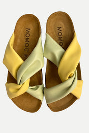 Momoc Calpe butter yellow pistachio green pastel cross strap sandals pair top view cork platform handmade Spain | Momoc Shoes